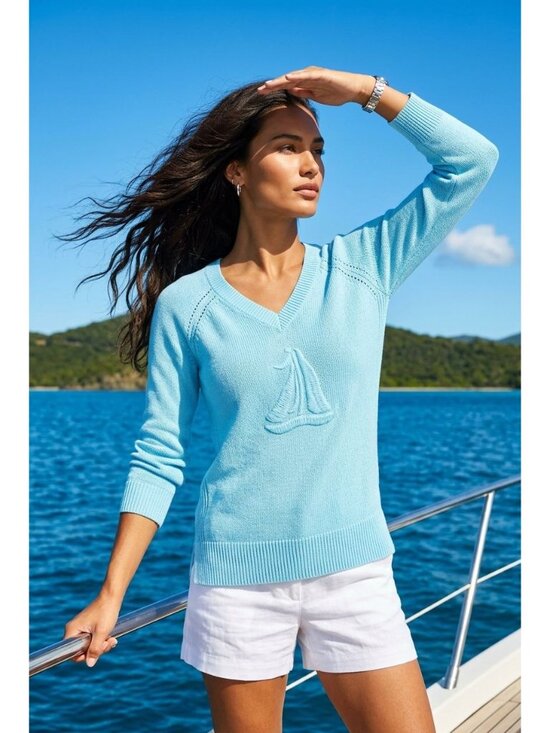 Lilly Pulitzer Sweaters - Lilly Pulitzer V-Neck Sweater Cotton Blend Embroidered Sailboat Logo (SKU#1206)